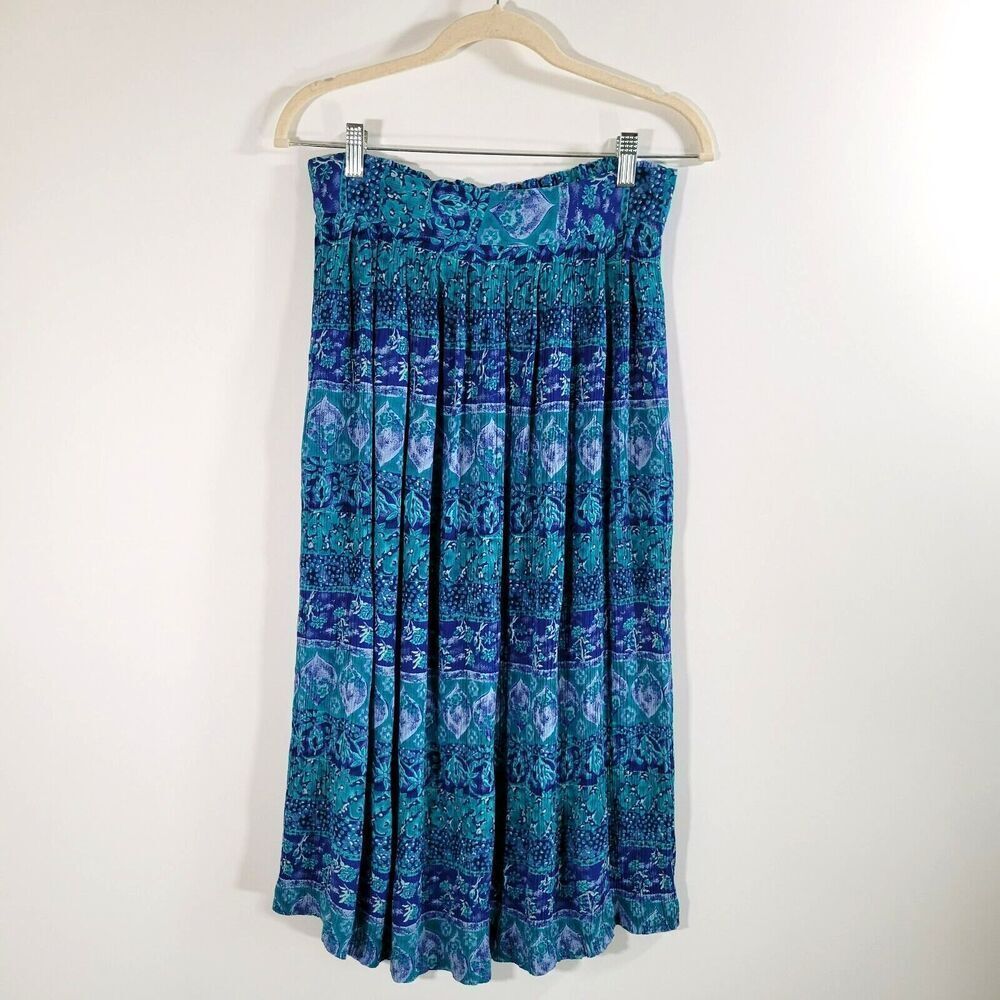 Vintage Blue Floral Pleated Midi Skirt Size M Pull On Crepe Pockets Broomstick